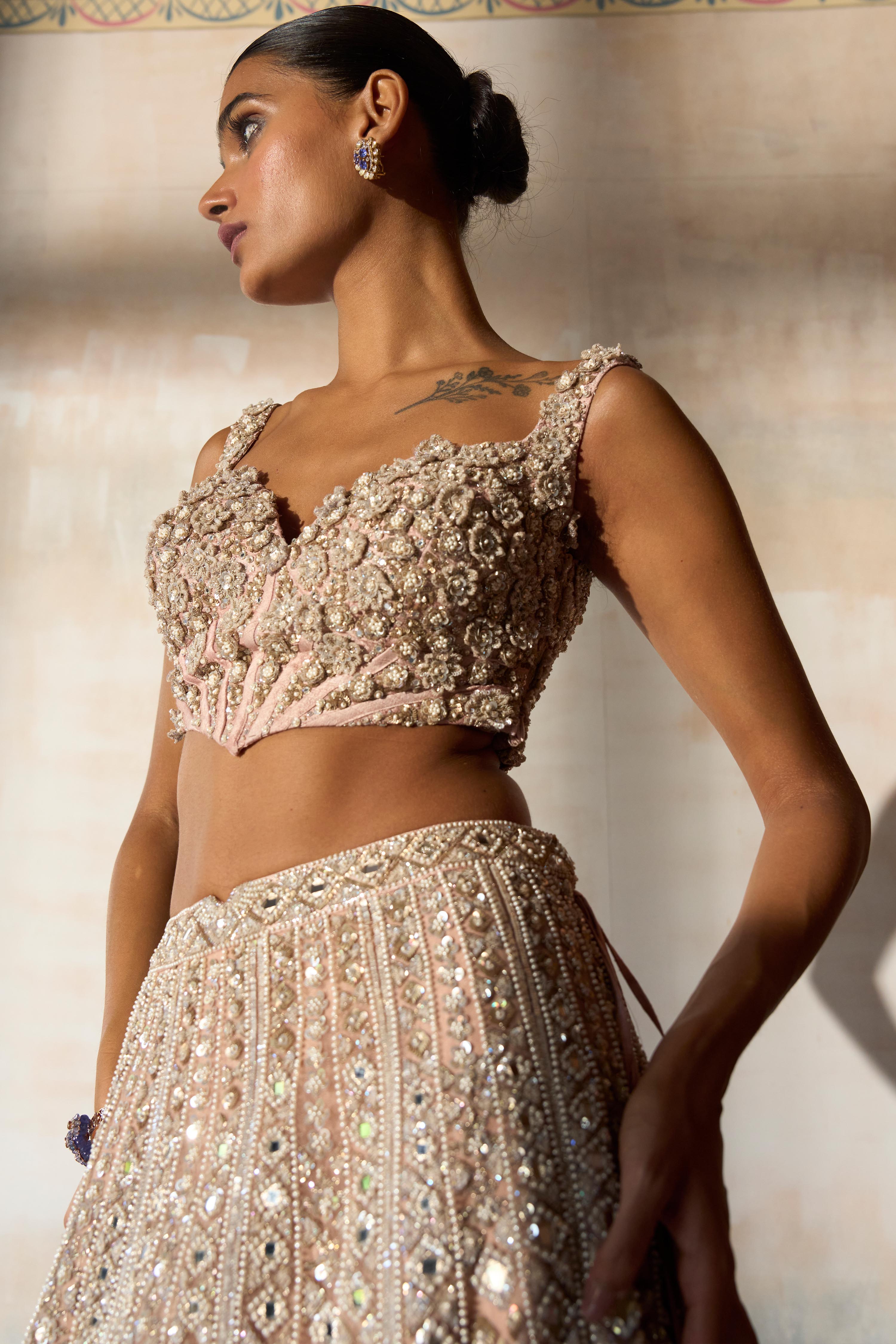 The Aztec Zardozi Faded Apricot Lehenga