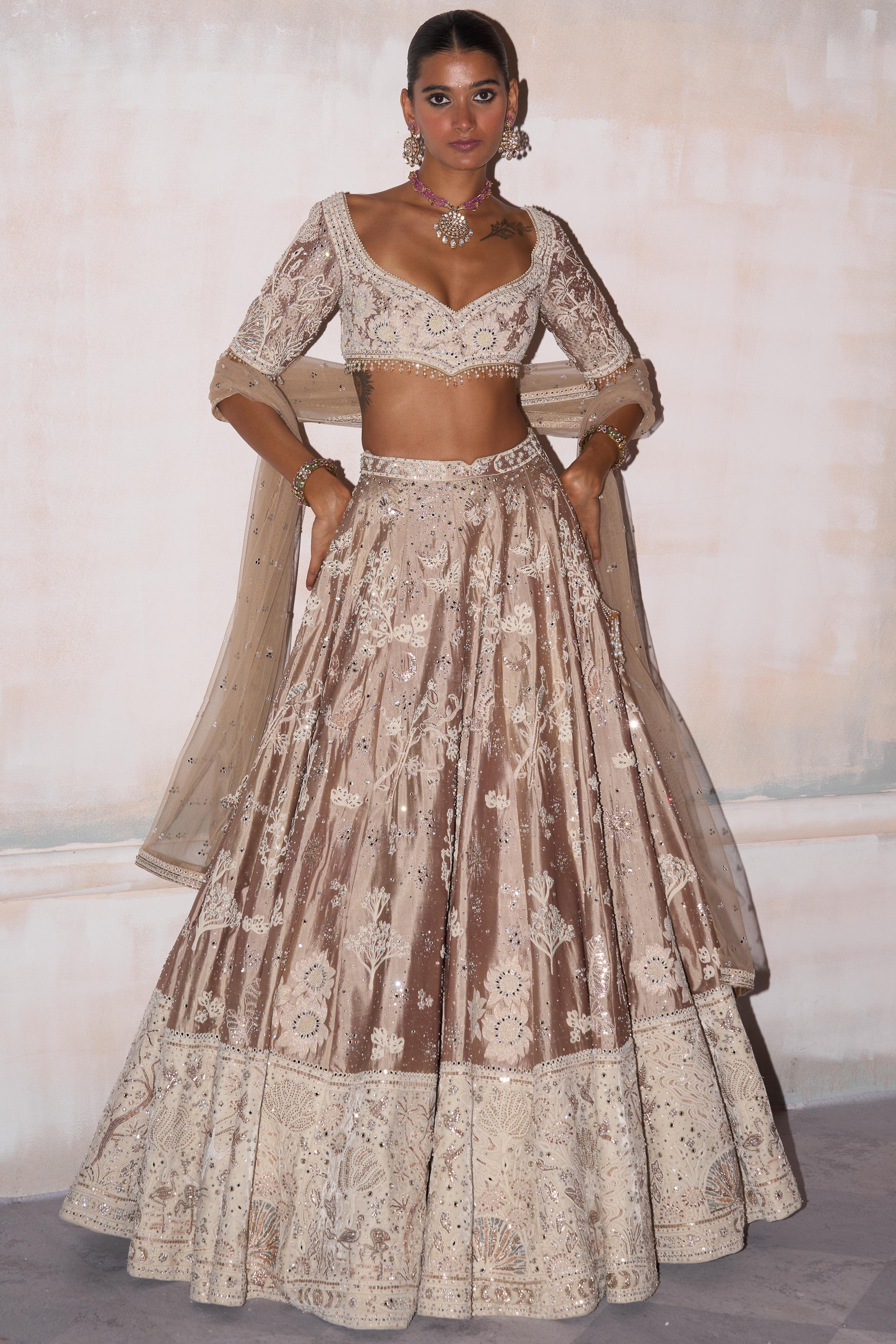 The New Royal Masai Champagne on Silk Lehenga