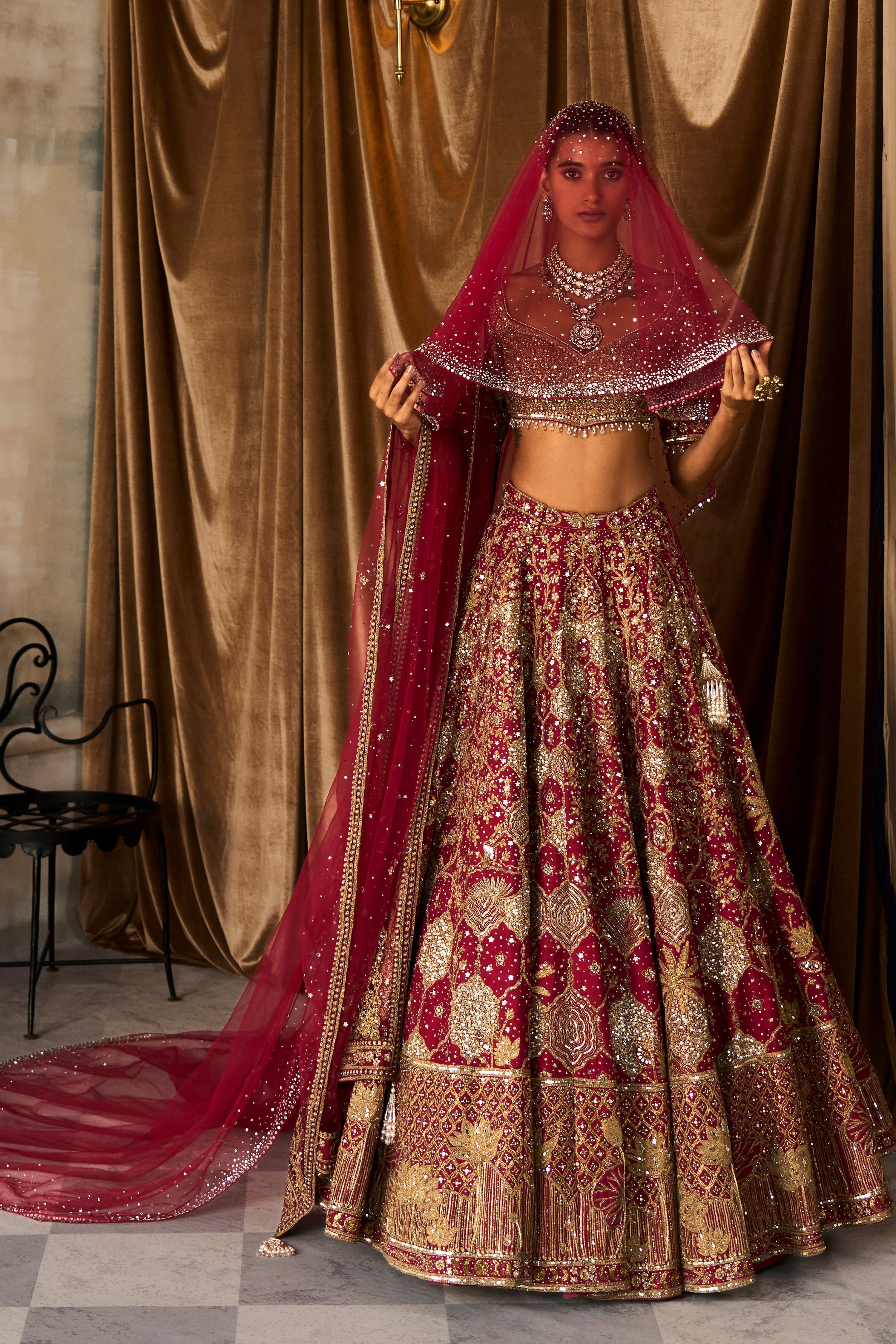 The Vintage Lotus Pond Scarlet Lehenga