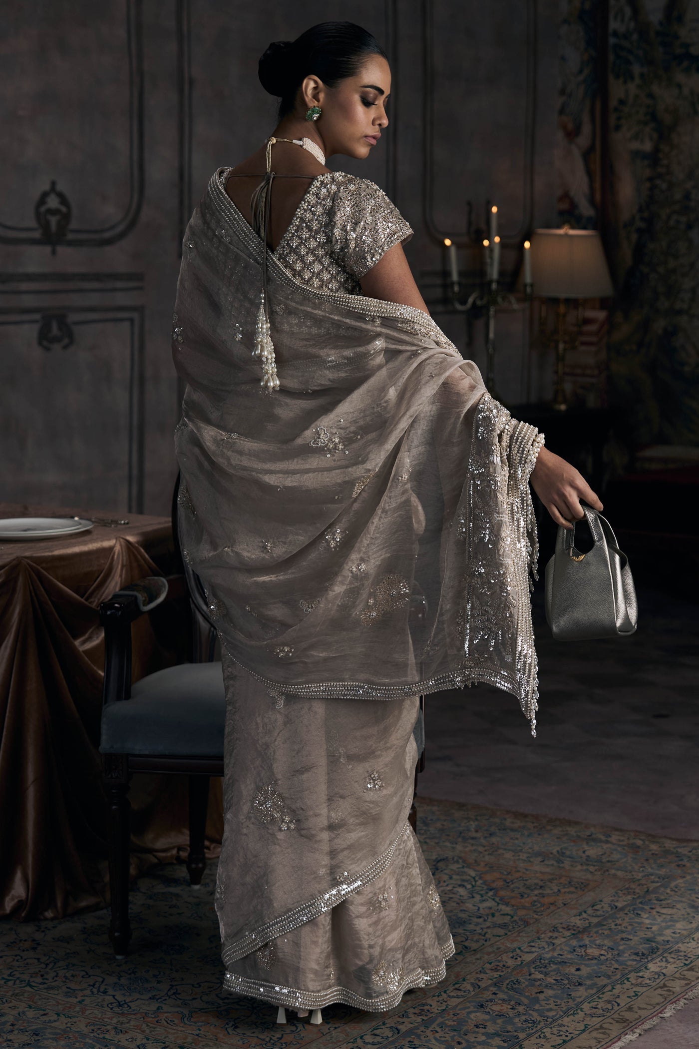 The Tarnished Silver Wild Dandelion Tissue Saree