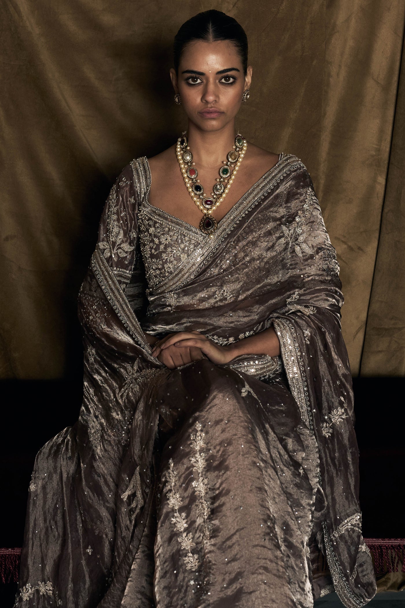 The Masai Landscape British Grey Tissue Saree