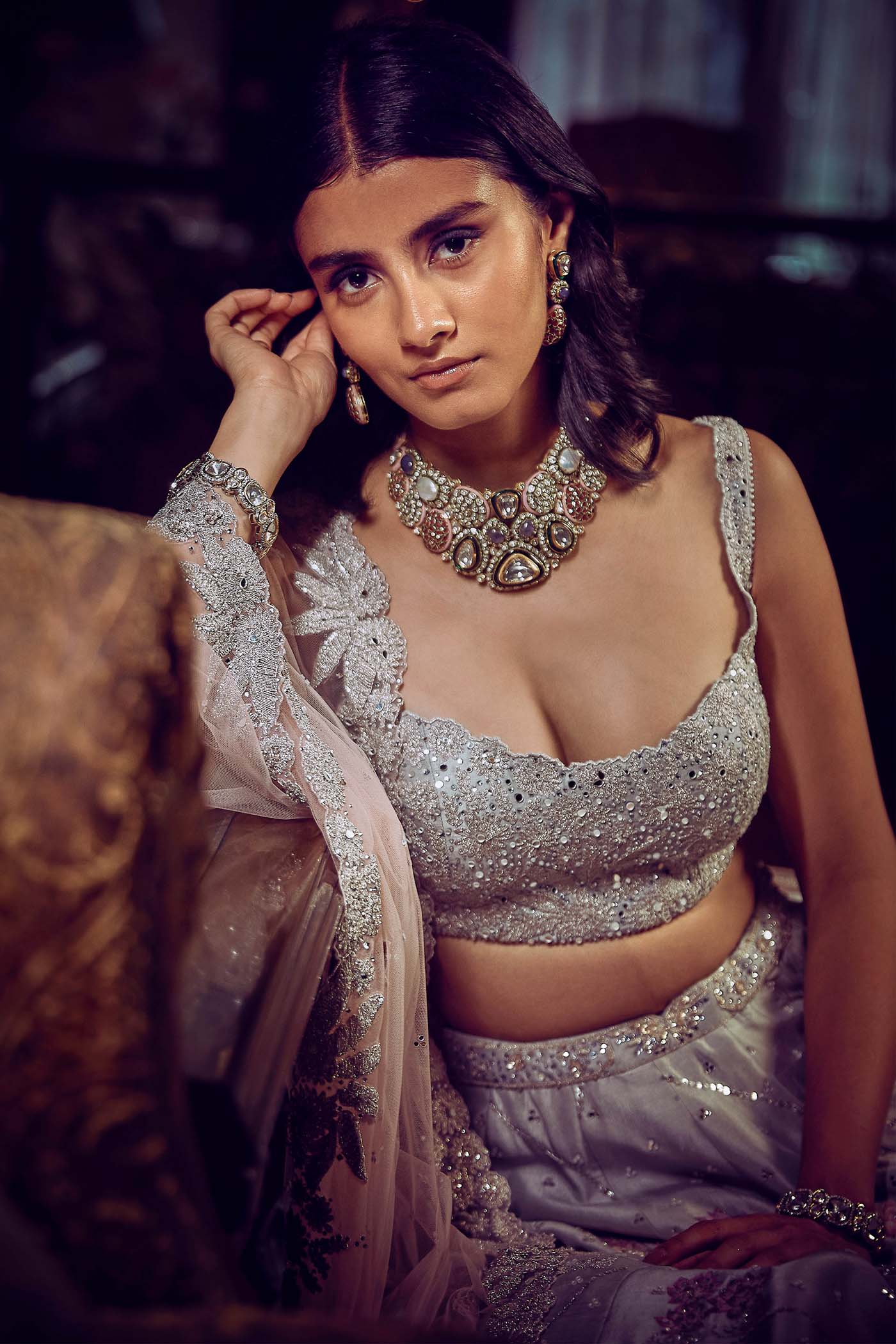 The Ice Blue Flamingo Landscape Lehenga