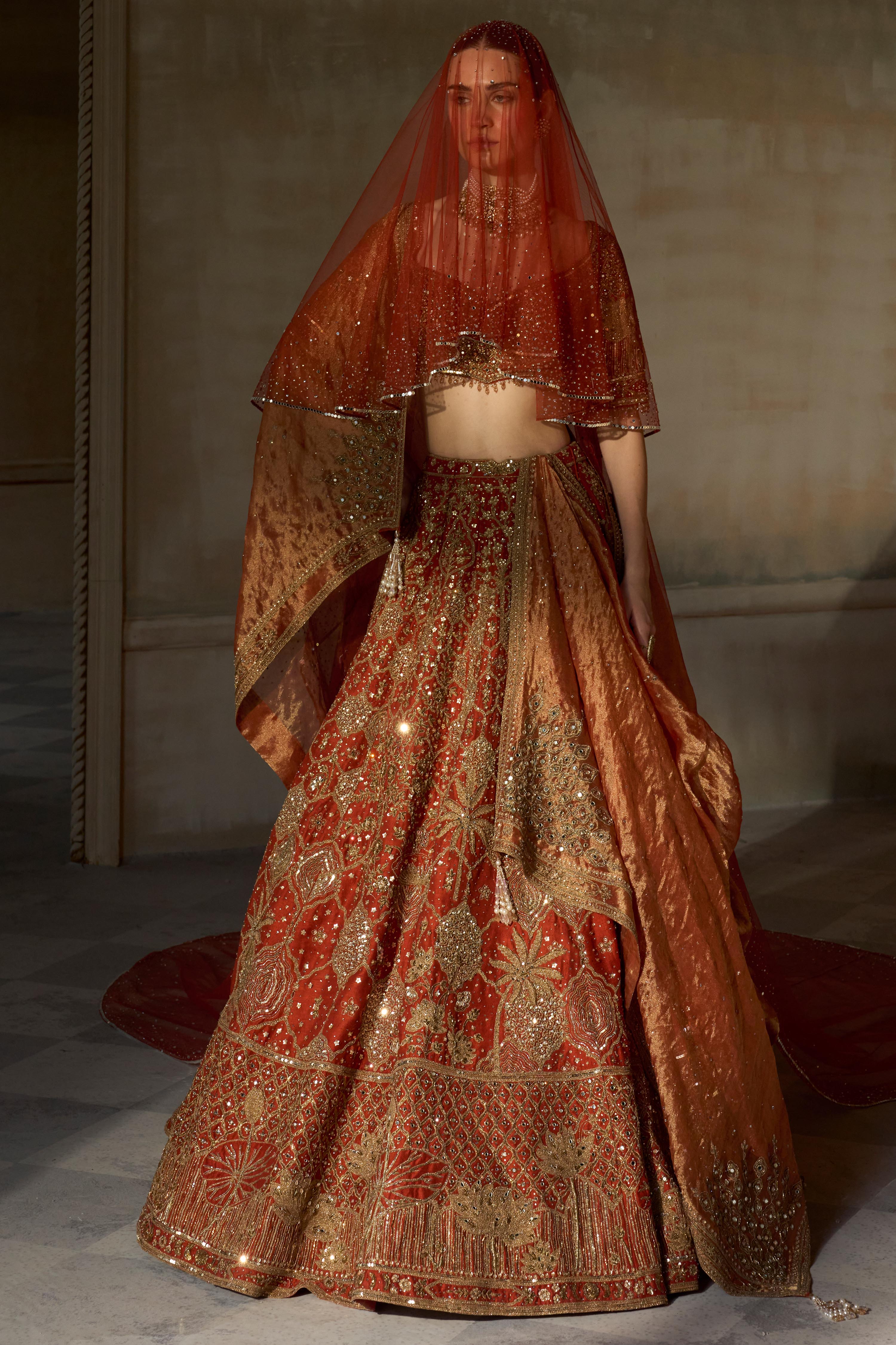 The Vintage Lotus Pond Aged Tangerine Lehenga