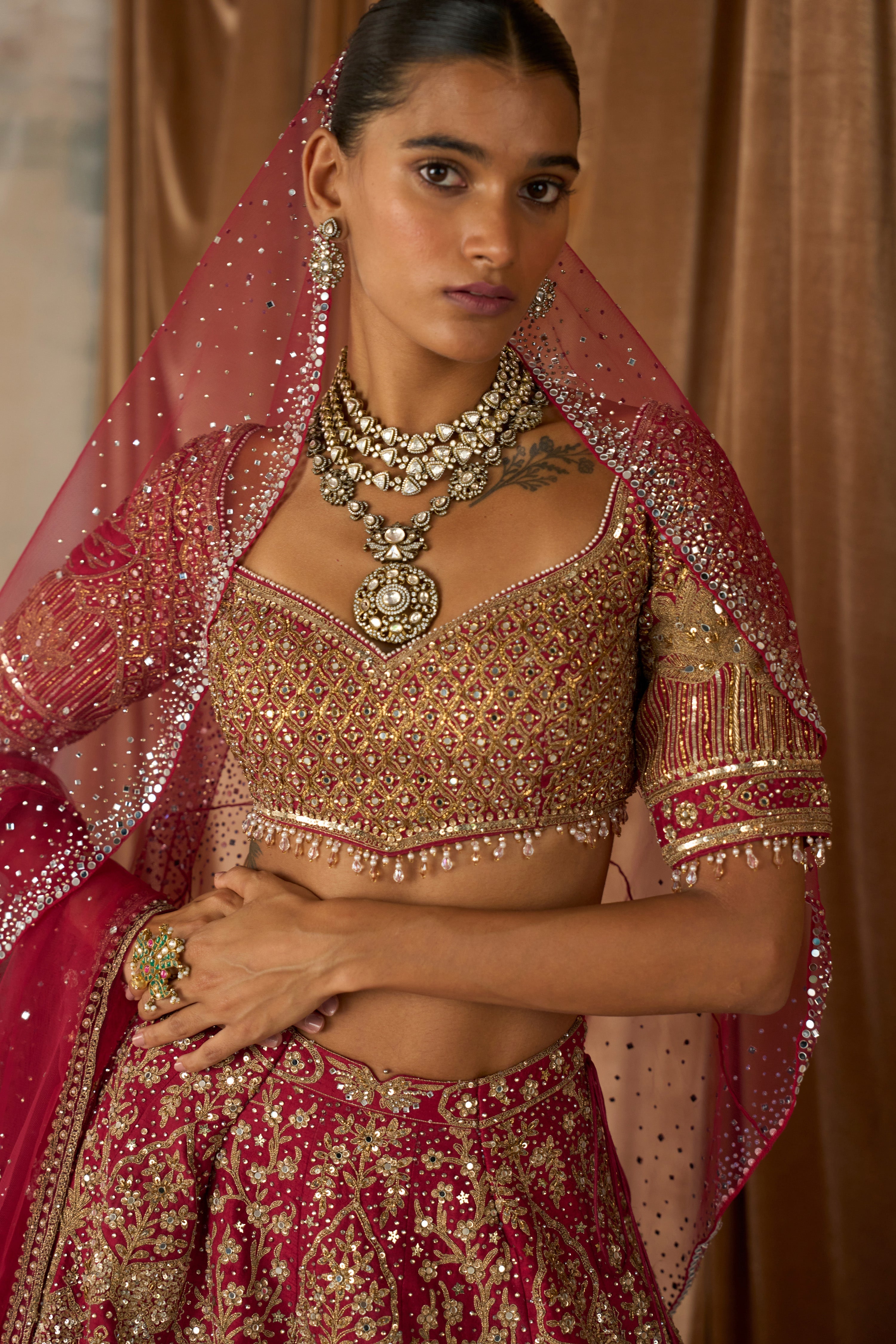 The Vintage Lotus Pond Scarlet Lehenga