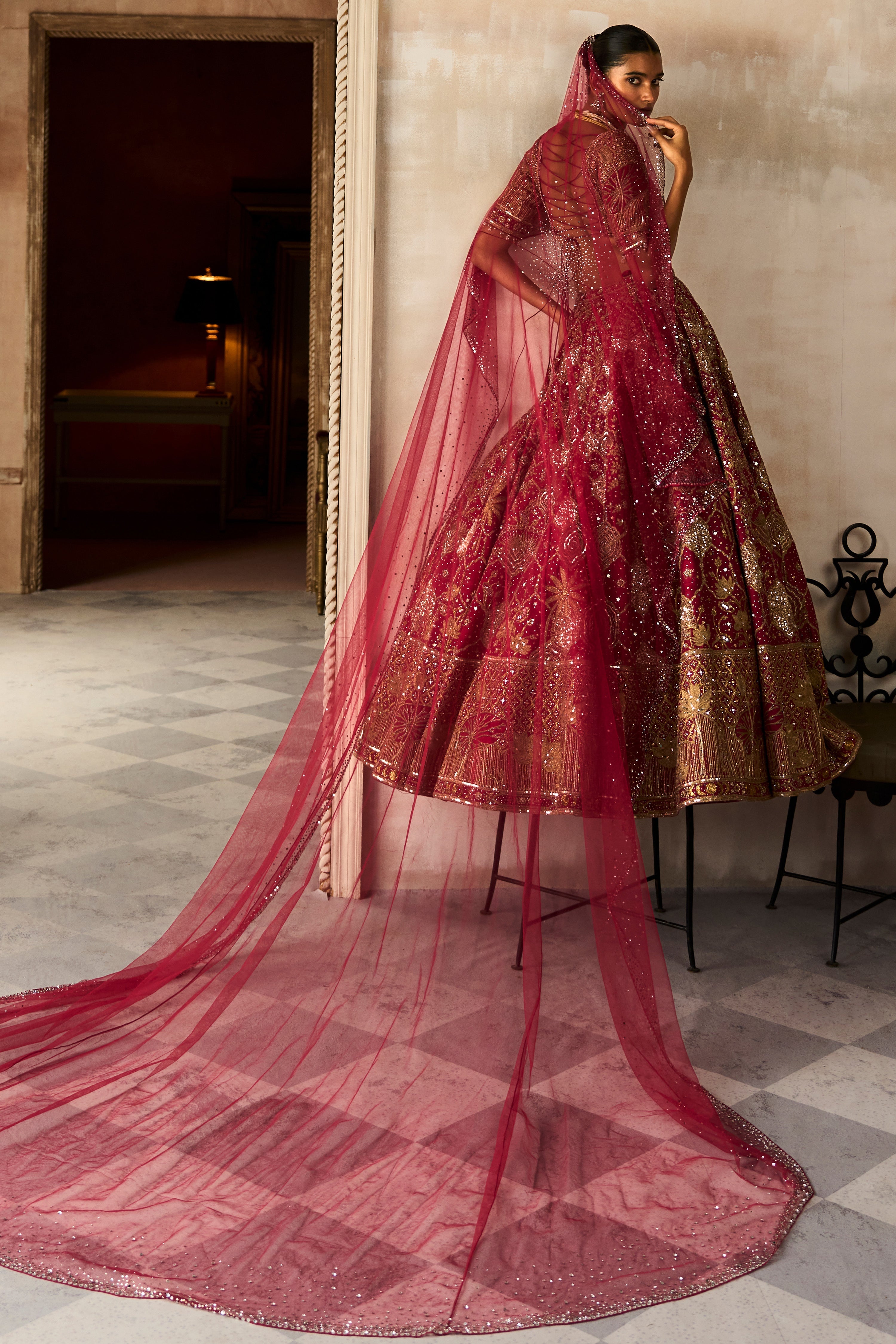 The Vintage Lotus Pond Scarlet Lehenga