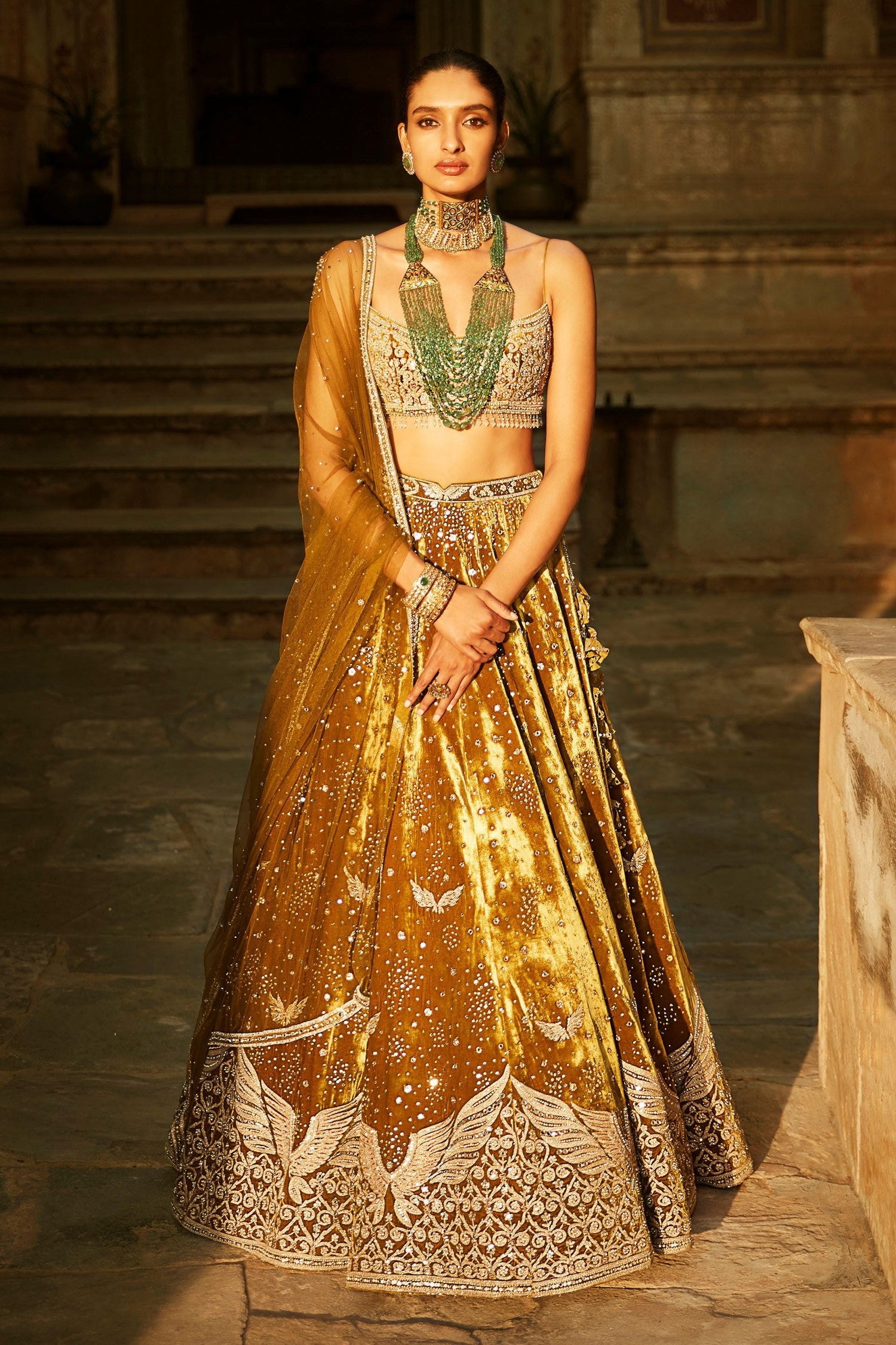The Burnt Sunset Green Winged Lehenga