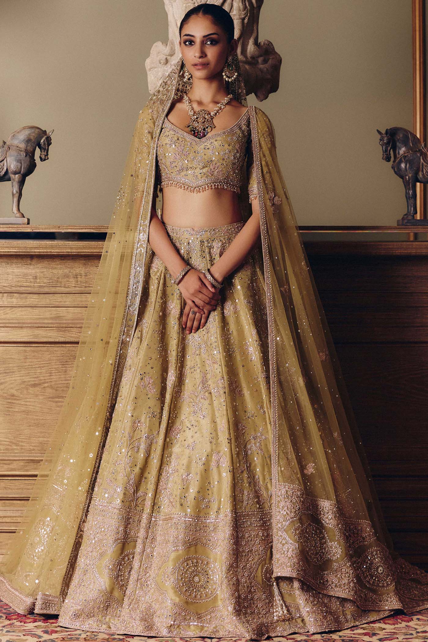 The Royal Masai Landscape Aged Pistachio Tissue lehenga