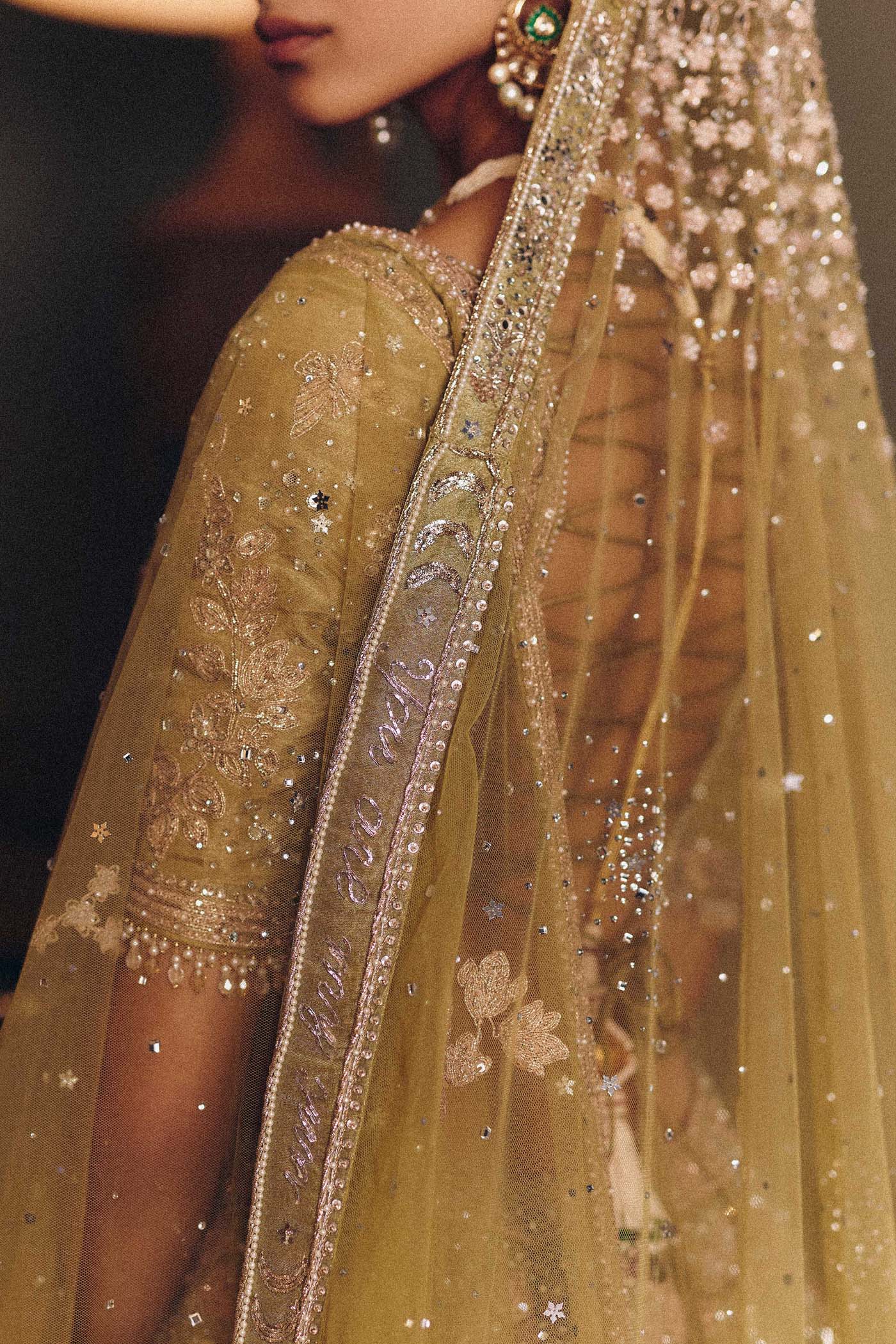 The Royal Masai Landscape Aged Pistachio Tissue lehenga