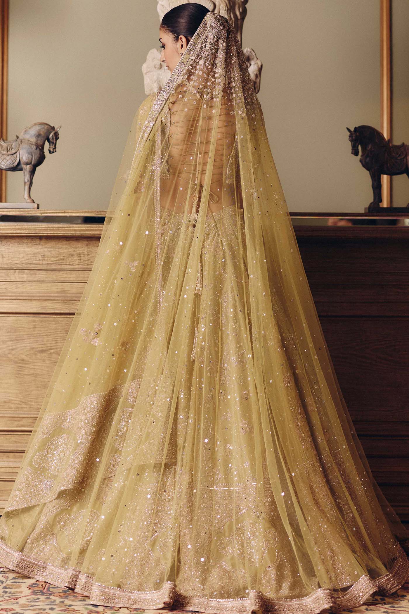 The Royal Masai Landscape Aged Pistachio Tissue lehenga