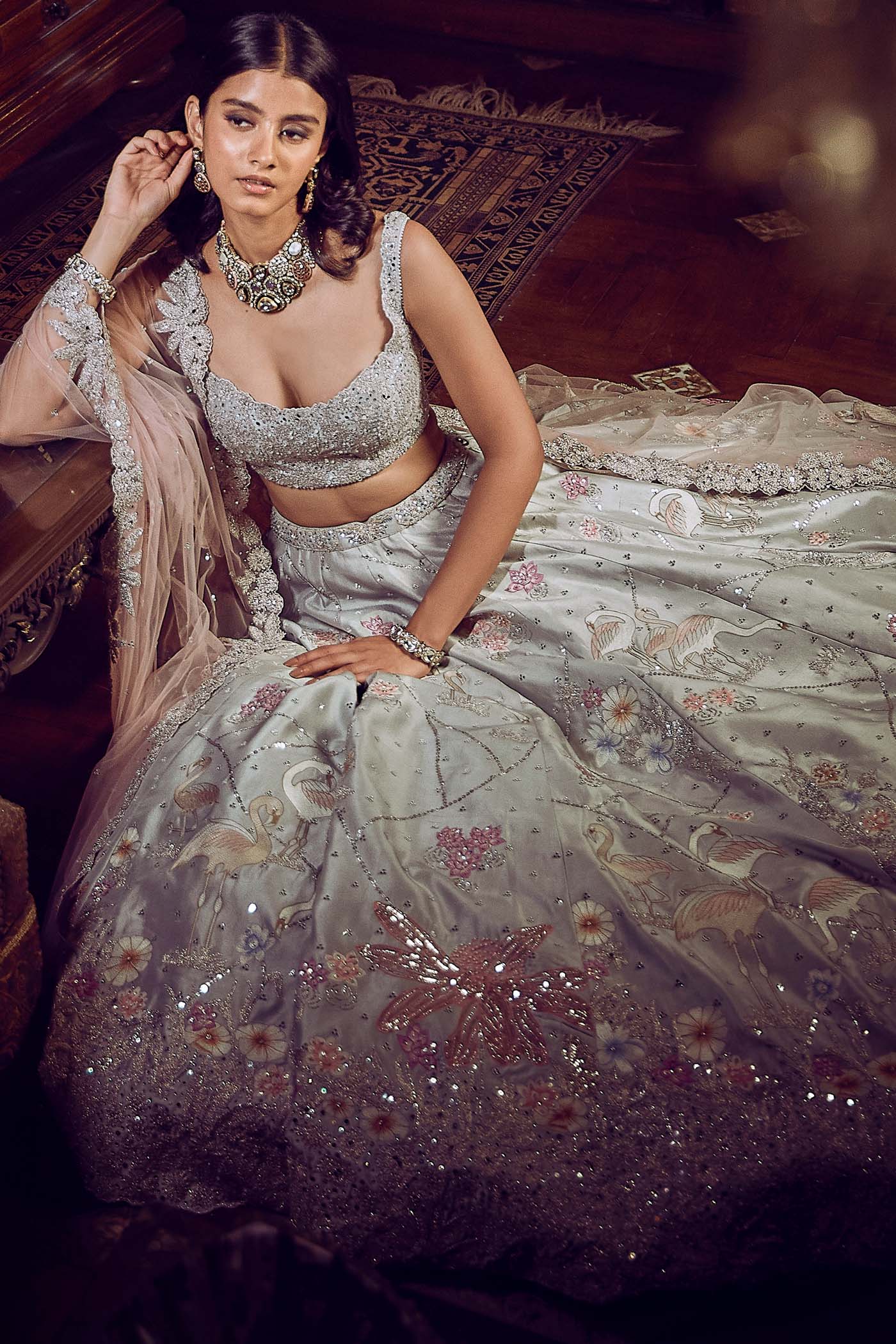 The Ice Blue Flamingo Landscape Lehenga