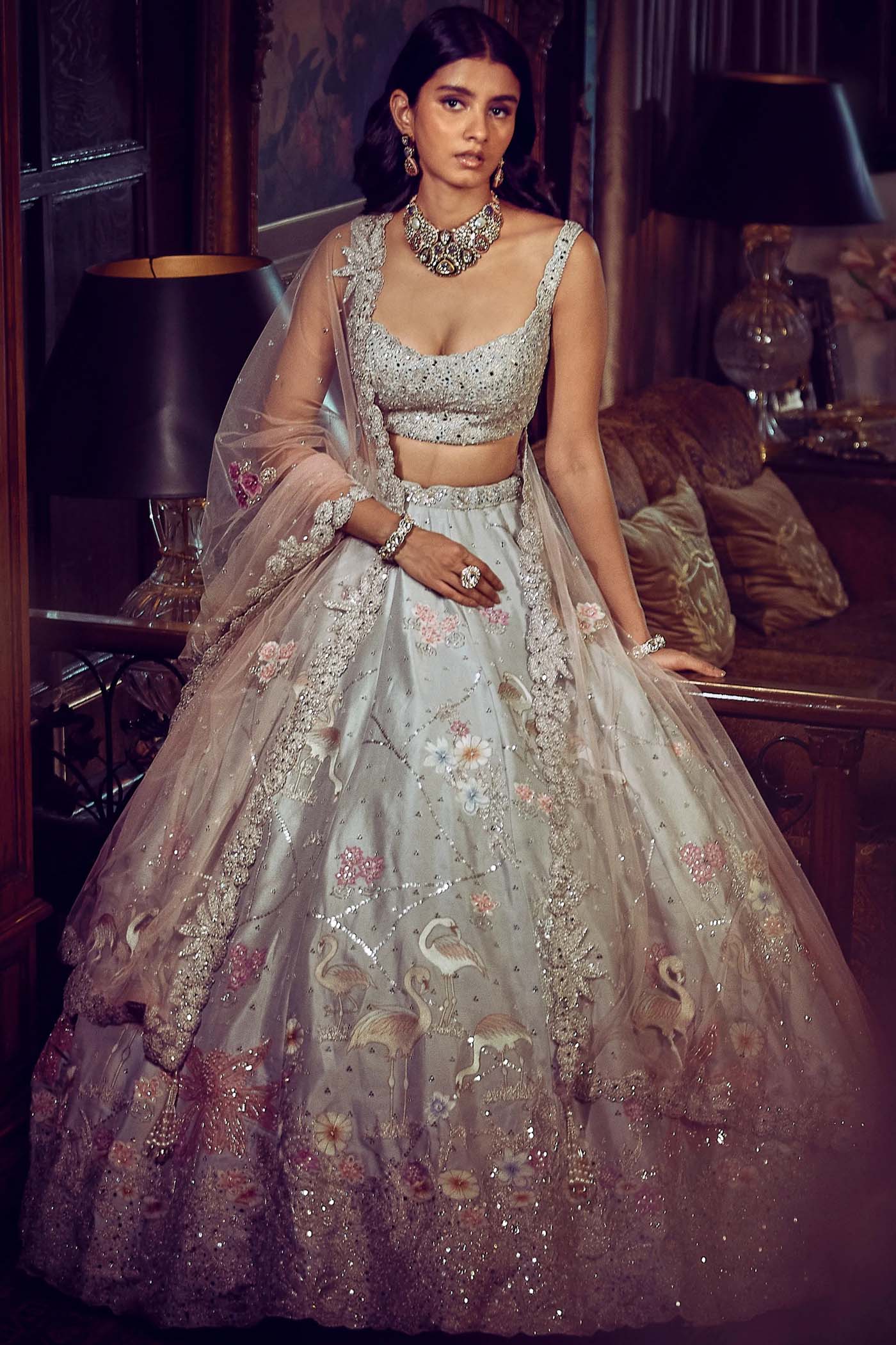 The Ice Blue Flamingo Landscape Lehenga