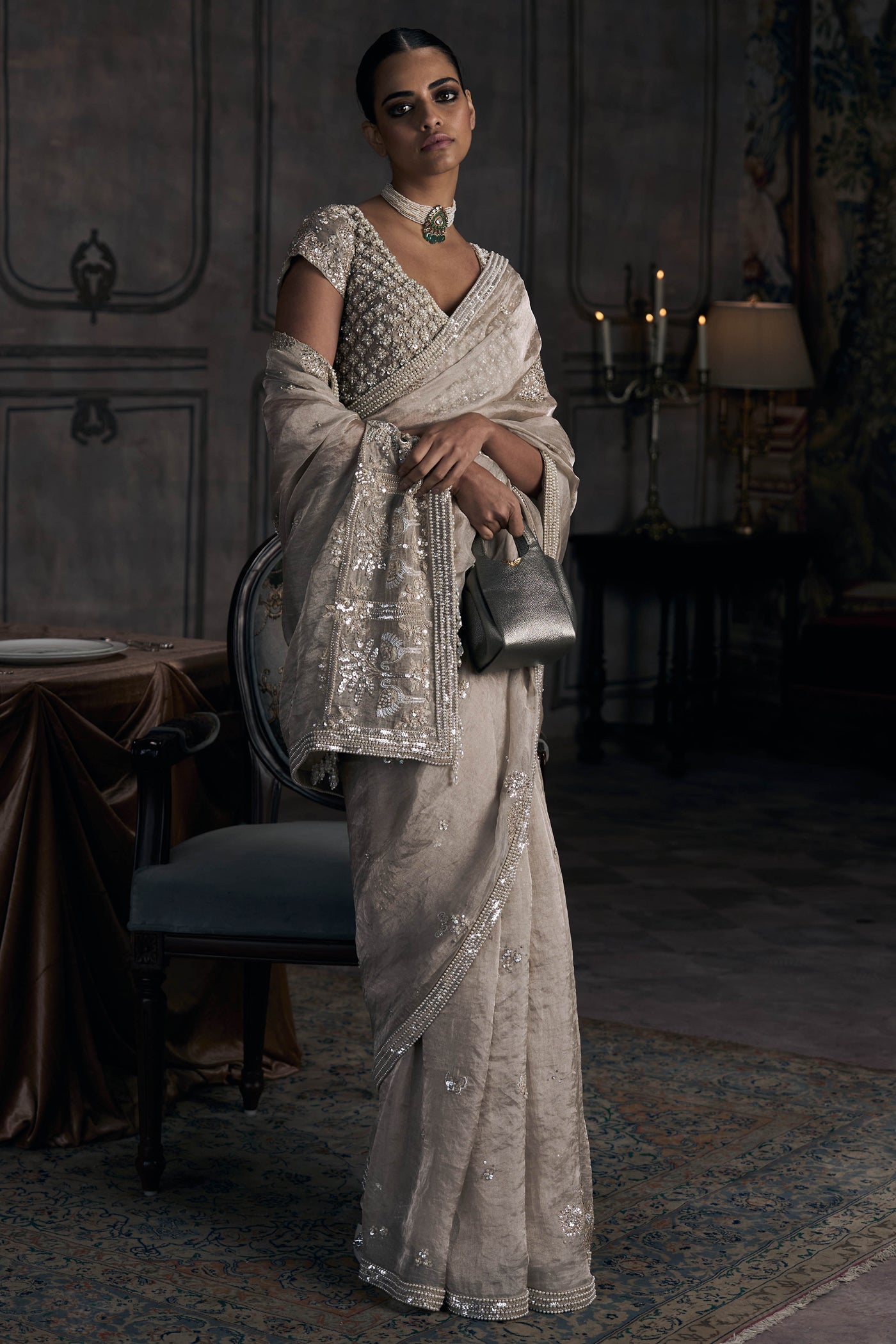 The Tarnished Silver Wild Dandelion Tissue Saree