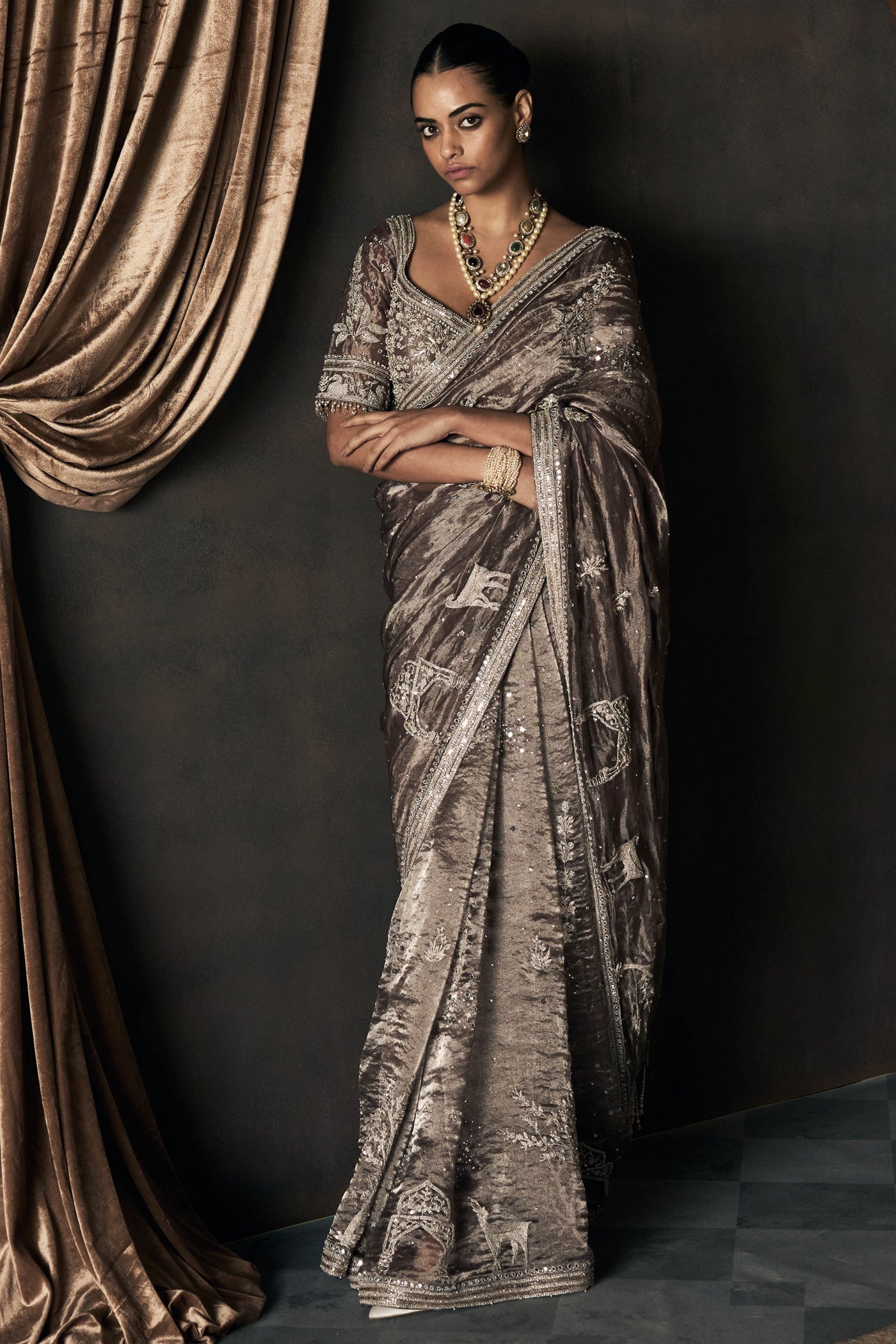 The Masai Landscape British Grey Tissue Saree
