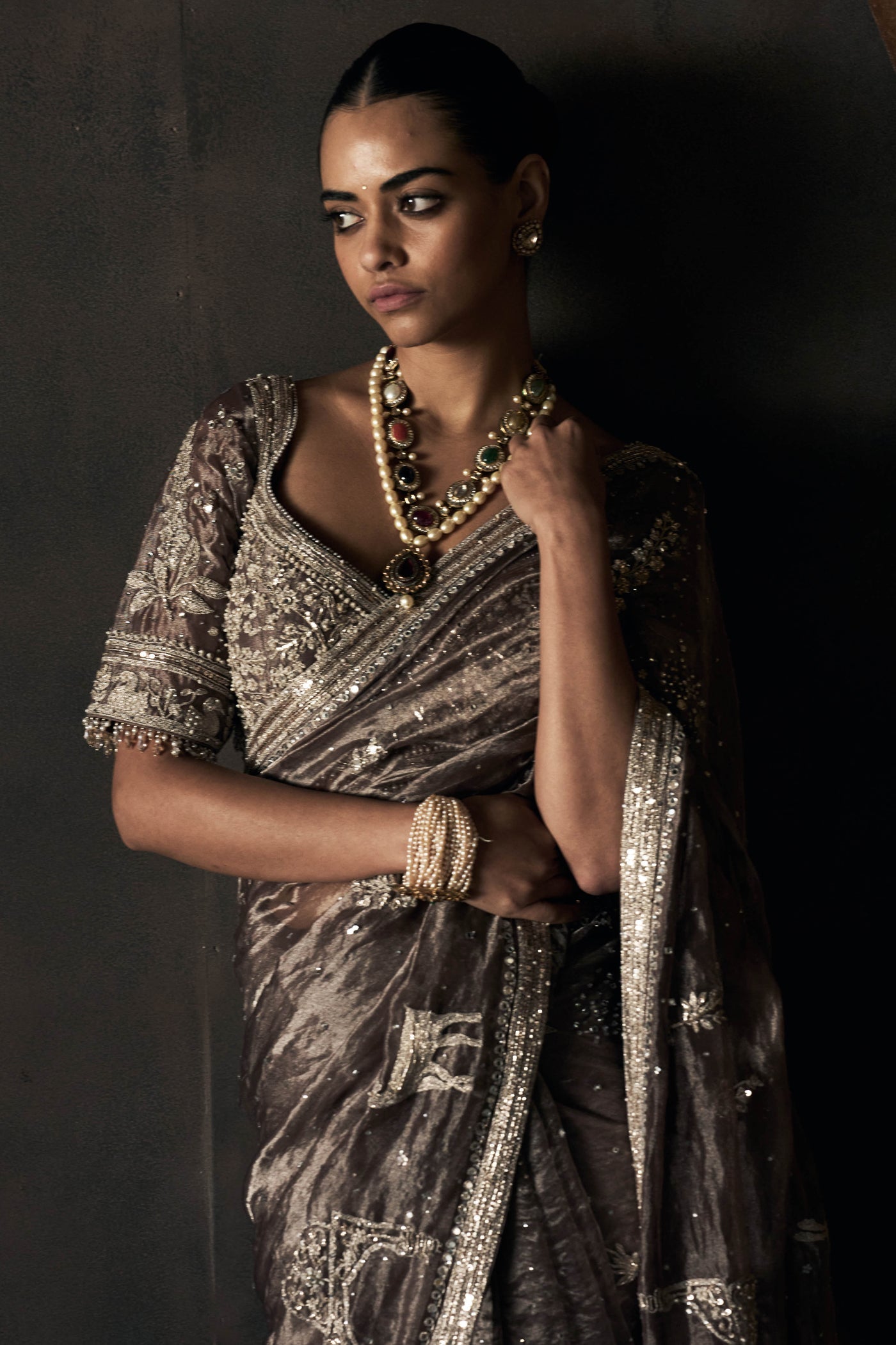 The Masai Landscape British Grey Tissue Saree
