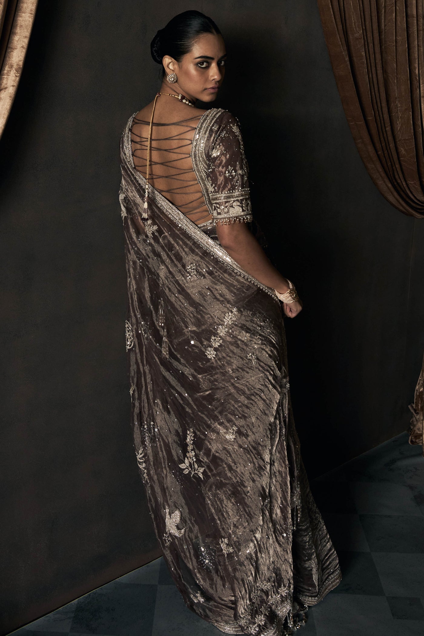 The Masai Landscape British Grey Tissue Saree