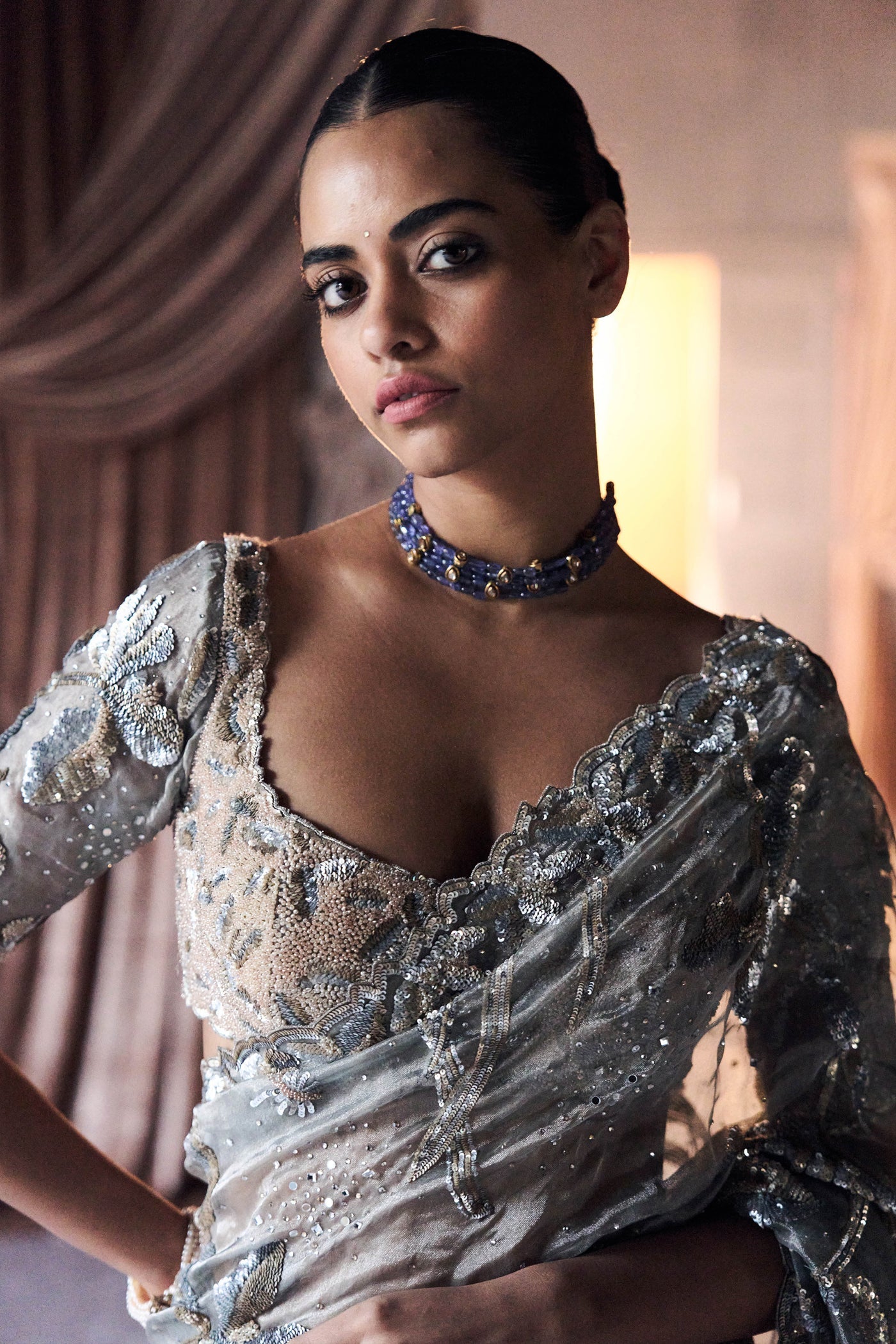 The Silent Waterlillies Aquamarine Tissue Saree