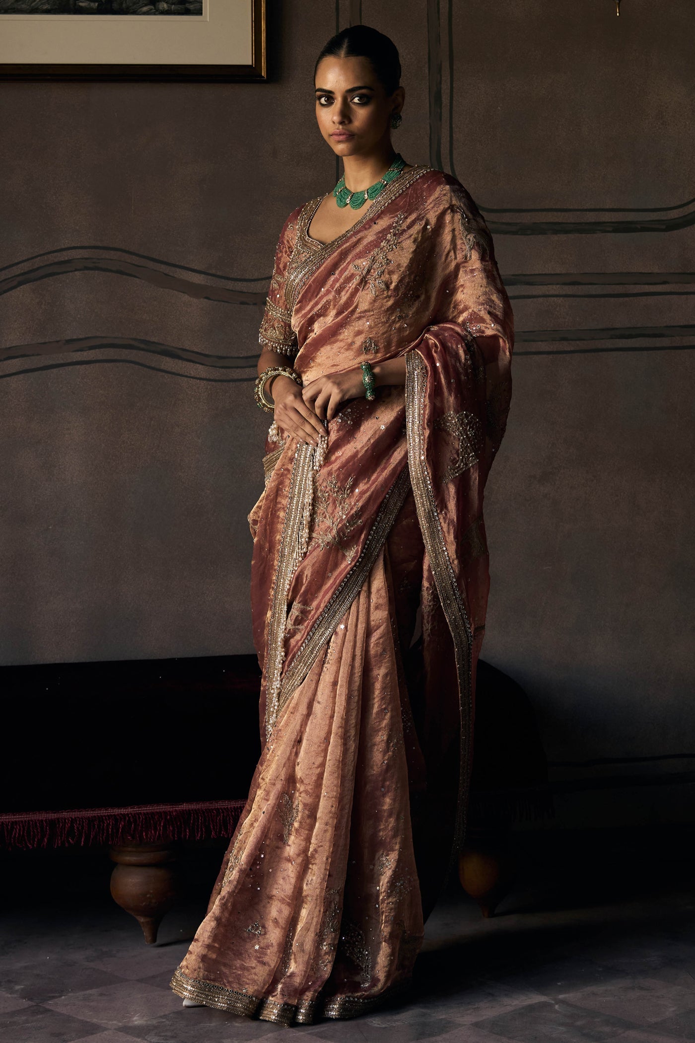 The Tales of Masai Aged Gold Tangerine Tissue Sarees