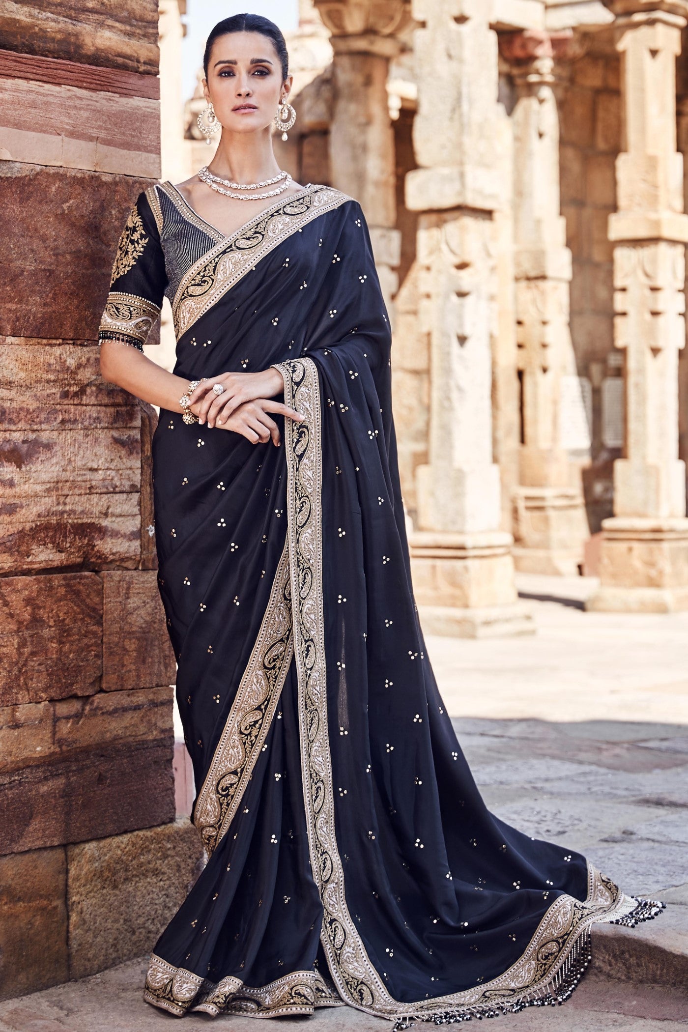 The Vintage Sona Dori Mukaish Black Silk Saree